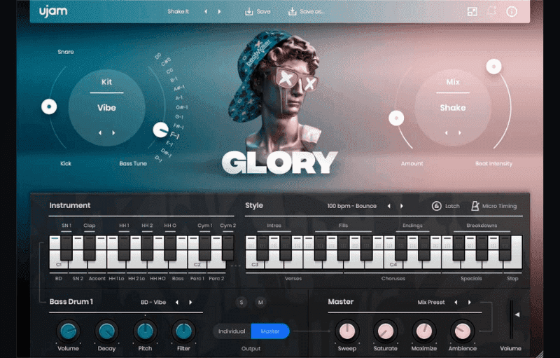 A screen showcasing the GLORY beatmaker synthesizer.