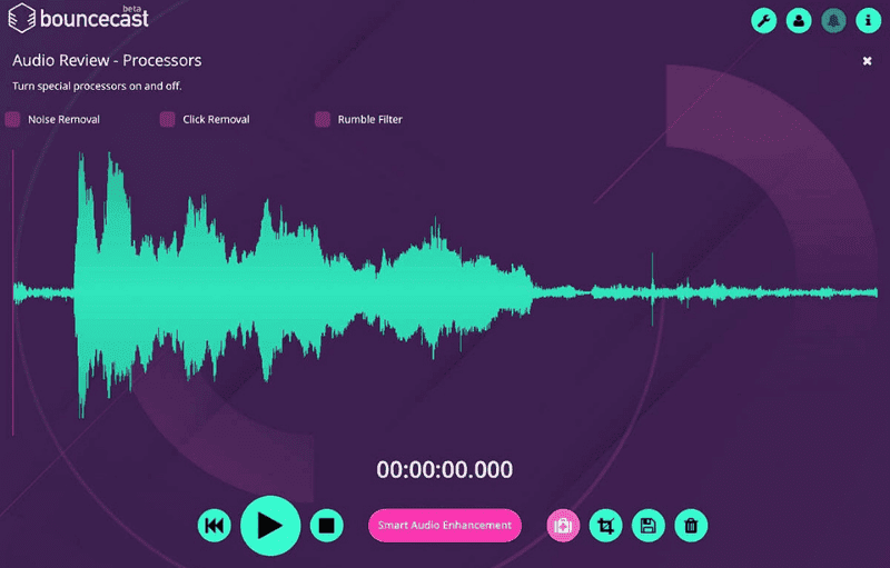 A screen shot of a sound recorder with a purple background, showcasing the BounceCast app.