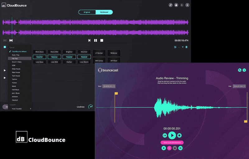 A CloudBounce screen displaying a recording screen and a sound screen.