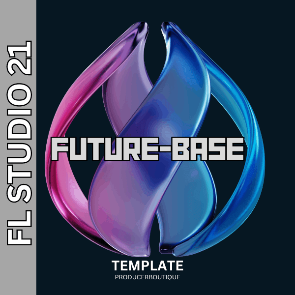 Promotional graphic for FL Studio 21 FUTURE EDM template by producerboutique featuring a stylized metallic flame-like symbol.