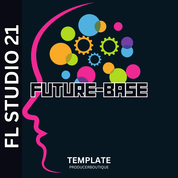 Graphic design for "FL Studio 21 FUTURE EDM" template with colorful gears on a black background.