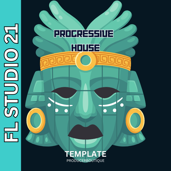 Graphic illustration of a stylized Aztec-inspired mask with "FL Studio 21 PROGRESSIVE HOUSE TEMPLATE" text.