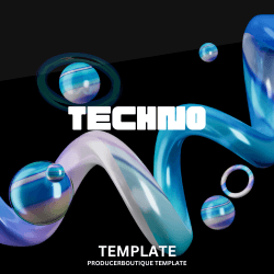 FL Studio 21 Techno Template featuring blue and purple swirls on a black background.