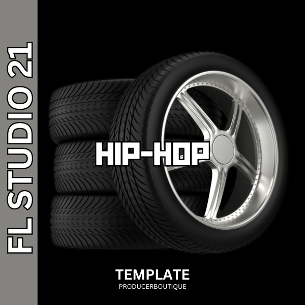 Stacked car tires with a stylized chrome rim, overlaid by text related to a FL Studio 21 Deep House Template Minor.