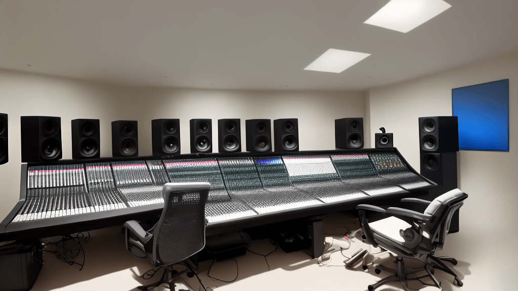 A recording studio with a large desk, speakers, and Sound For Producers.