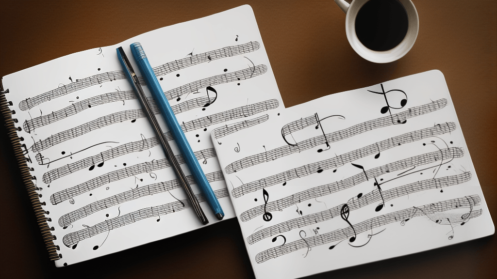 A songwriting notebook with music notes and a cup of coffee.