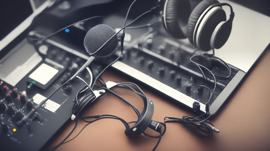 A microphone and headphones on a desk.