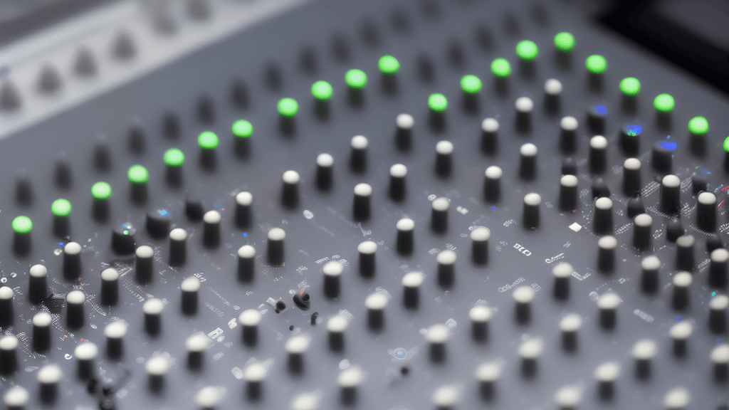 A close up of a mixing board with green lights.