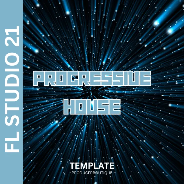 FL Studio 21 template cover featuring "Progressive House" text against a vibrant starburst background design, perfect for FL Studio enthusiasts.