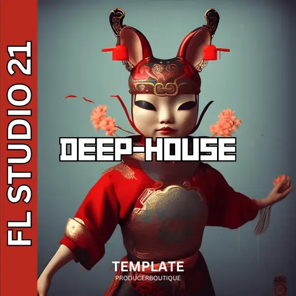 3d animated character in traditional asian attire with a rabbit mask, set against a red background, promoting a FL Studio 20 Template Progressive House for fl studio 21.