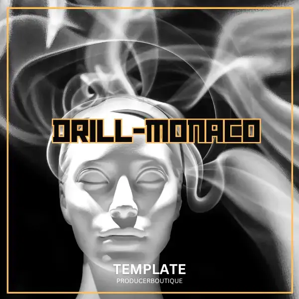 Statuesque bust enveloped in swirling smoke with the text "FL STUDIO 21 DRILL MONACO TEMPLATE" overlayed.