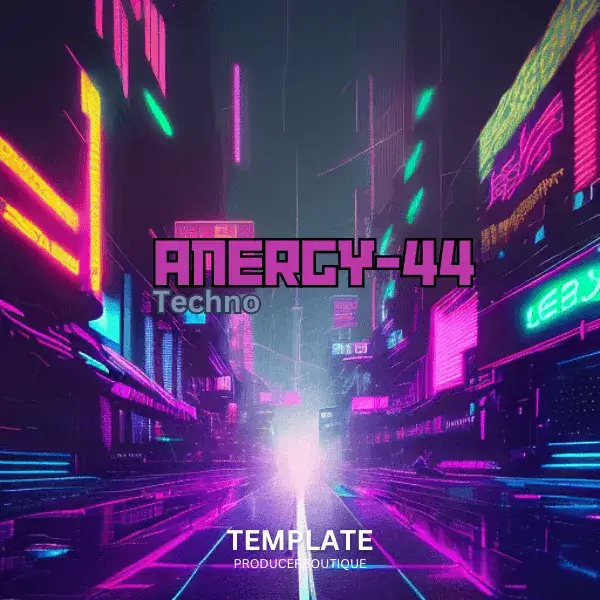 Neon-drenched futuristic cityscape with FL STUDIO 21 Techno ENERGY 44 TEMPLATE and cyberpunk aesthetics.