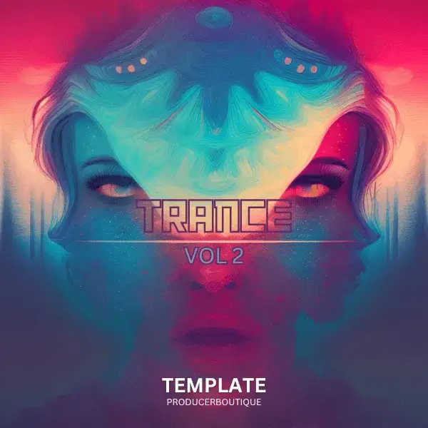 A colorful, symmetric FL STUDIO 21 DRILL MONACO TEMPLATE cover featuring an abstract representation of a woman's face, with the word "trance" and "vol 2" prominently displayed in the center.