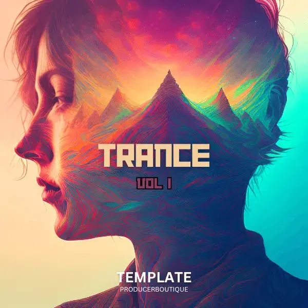 Colorful artwork of a silhouetted profile with a mountainous landscape and the word "trance vol. 1" displayed, featuring a FL STUDIO 21 DRILL MONACO TEMPLATE motif.