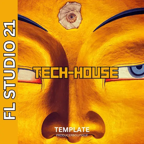 Abstract art of a face with intense eyes on a yellow background, promoting a FL Studio 21 Deep House Template Minor.