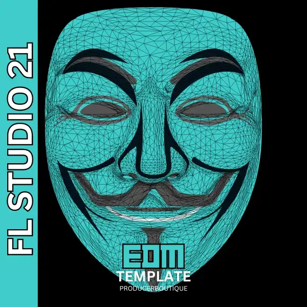 Illustrated wireframe graphic of a mustachioed face resembling a mask, labeled "FL Studio 21 FUTURE EDM" on the left and "EDM Template ProducerBoutique" at the bottom, perfect for future EDM creators.