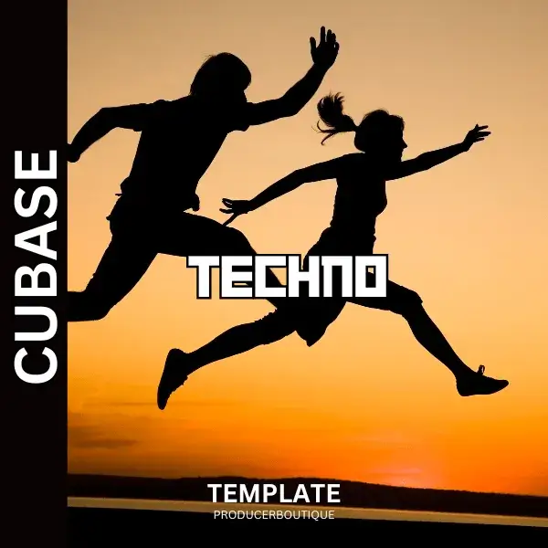 Two silhouettes jumping against an orange sunset with text overlay promoting the FL Studio 21 Deep House Template Minor.