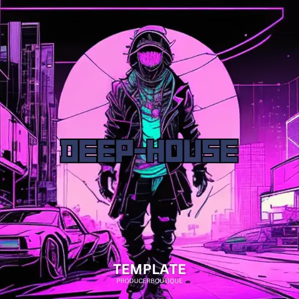 A futuristic individual in streetwear stands amidst a neon cityscape, embodying the essence of a world crafted by the FL STUDIO 21 Deep House TEMPLATE. Above them, bold letters spell "DEEP-HOUSE," encapsulating the vibe of cutting-edge beats and urban rhythm.