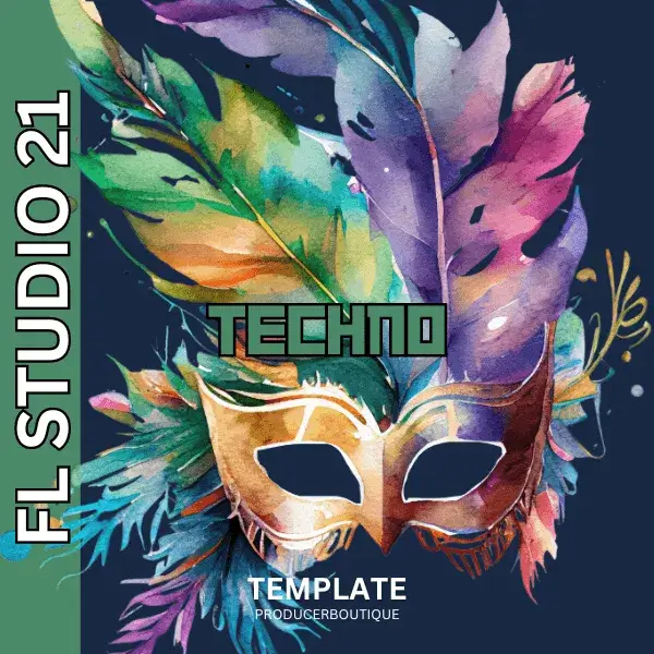 Colorful watercolor illustration of a masquerade mask surrounded by vibrant feathers against a dark background with text "FL Studio 21 FUTURE EDM - template - producerboutique".