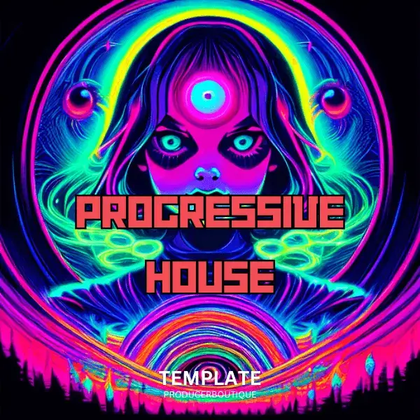 Experience a futuristic neon-colored artwork showcasing a central eye and abstract patterns, alongside the text "Progressive House." Enhance your creativity with an FL Studio 21 Progressive House Template to produce your own dynamic beats.