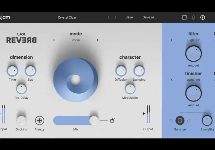 A berserk beatmaker with a blue and white interface filled with buttons and knobs.