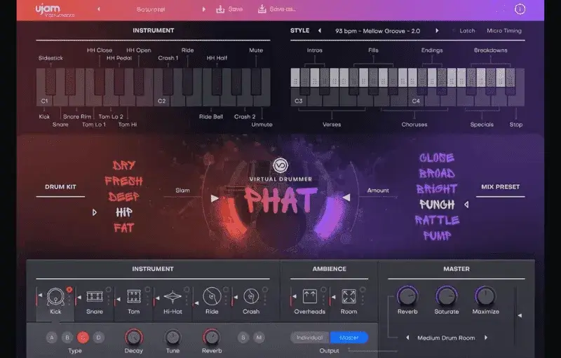 A screen shot of a PHAT 2 music synthesizer.