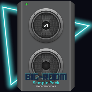 A graphic of a speaker with two round drivers labeled "v1" and "Big-Room SAMPLE PACK" at the bottom, set against a backdrop of neon blue triangle outlines.