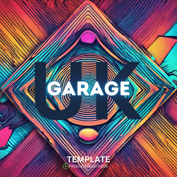 Colorful abstract artwork with the words "UK Garage" in bold letters at the center. The background features geometric patterns in vibrant shades.